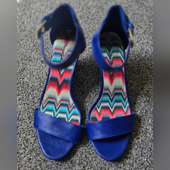 American Eagle Blue Wedge Pump Heel Ankle Strap Peep Toe Woman's Size 7.5 - Picture 2 of 15